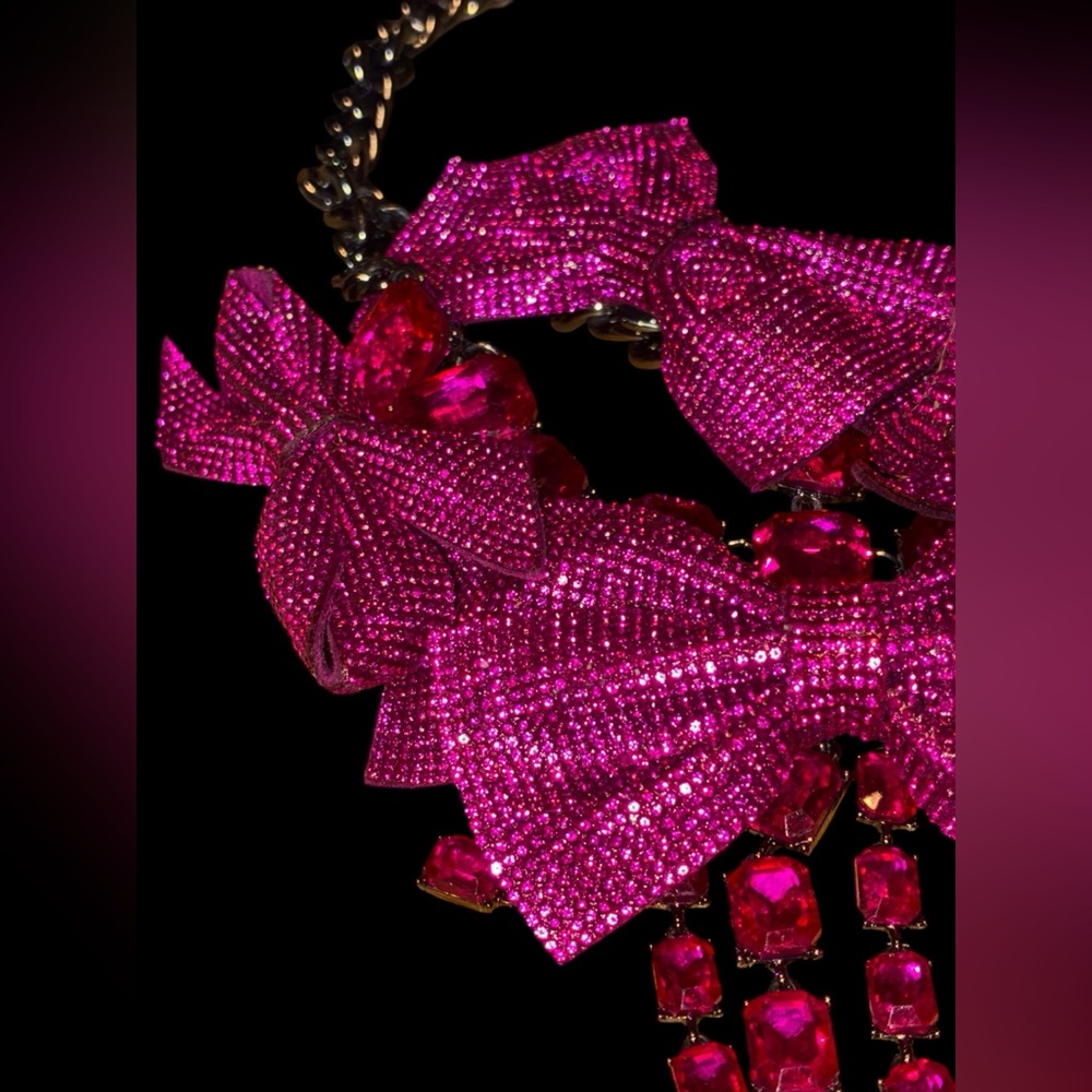 BETSEY JOHNSON SET Pink Pavé & Crystals Statement Bow Necklace & Earrings NWT - Picture 6 of 15